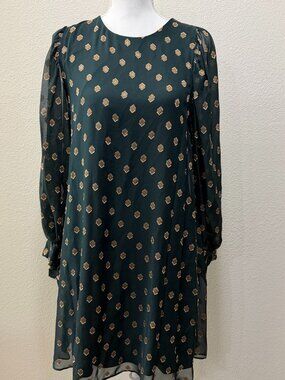 Calvin Klein lined dress, green with gold foil pattern, long sheer sleeves, sz 8